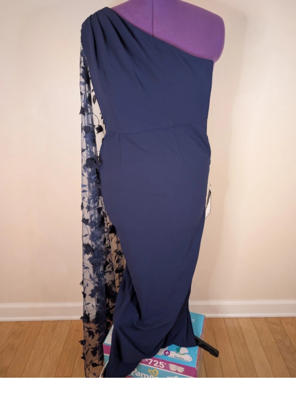 Adrianna Papell Navy One-Shoulder Gown with Floral Sheer Capelet - Picture 2 of 6